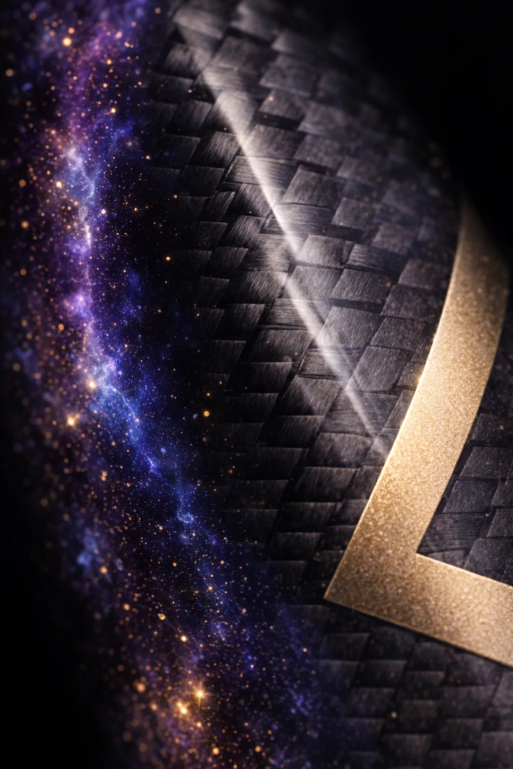 Macro of carbon fibre twill under lacquer with a gold chevron edge