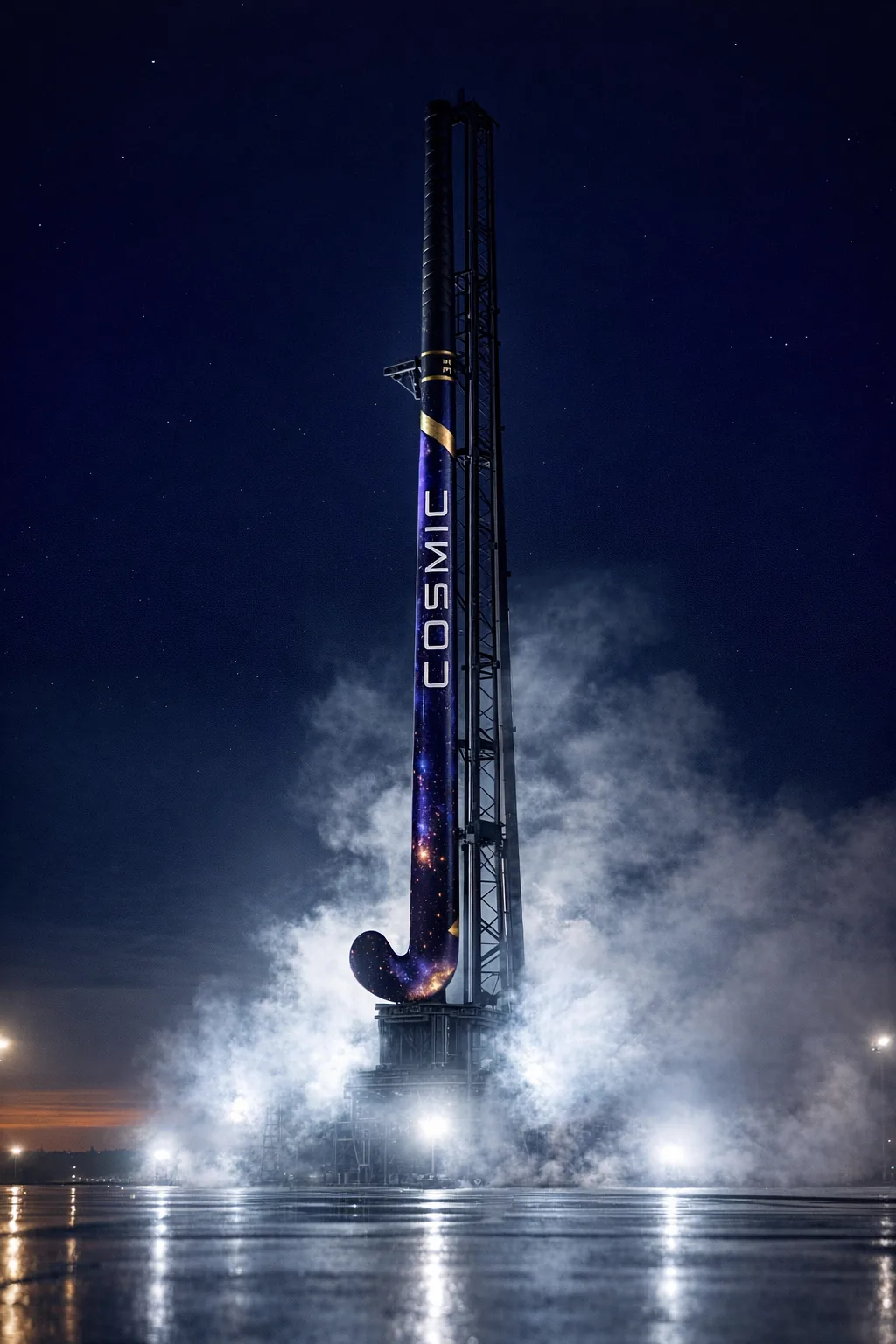 The Cosmic 01 stick standing on a launch pad at night, vapour venting around it